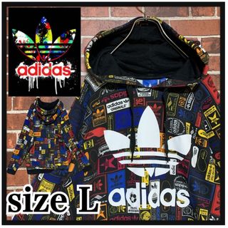 アディダス(adidas)の総柄★アディダス adidas デカロゴパーカー マルチカラー プルオーバー 黒(パーカー)