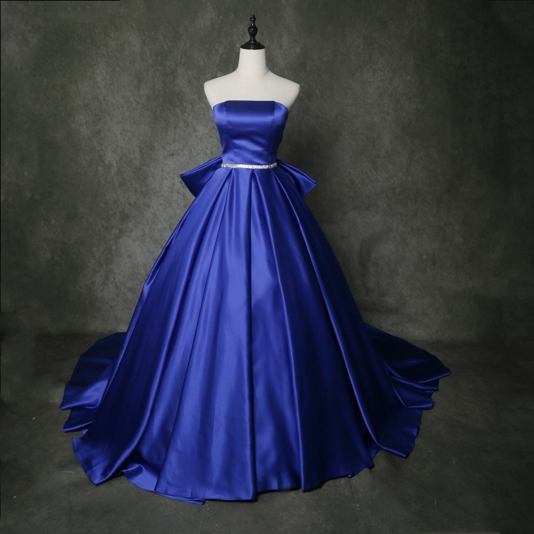 上品！ブルー カラードレス ベアトップ 豪華なバックリボン 披露宴 二次会 前撮 レディースのフォーマル/ドレス(ウェディングドレス)の商品写真