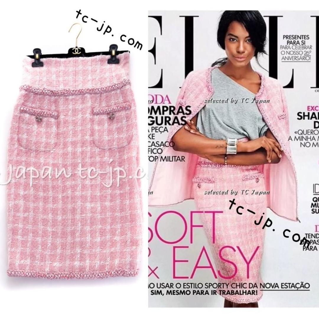 シャネル スカート CHANEL ピンク ホワイト ツイード ジッパー CCロゴボタン 超美品 40 | フリマアプリ ラクマ