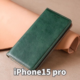 アイフォーン(iPhone)のiPhone15 pro 携帯ケース　手帳型　iPhoneケース　グリーン(iPhoneケース)