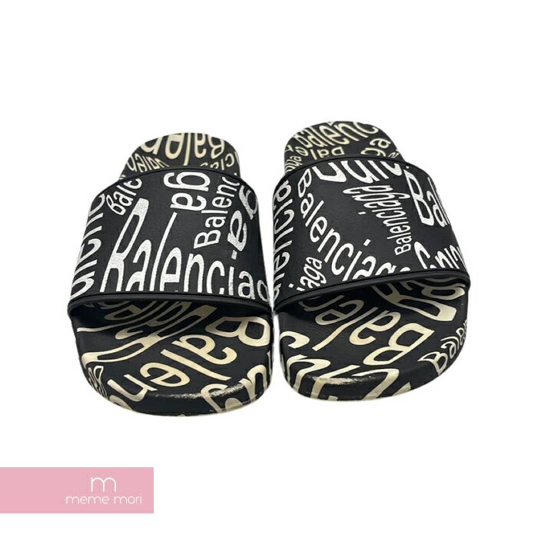 Balenciaga(バレンシアガ)のBALENCIAGA Pool Slide バレンシアガ プールスライド サンダル 総柄ロゴ ウェーブ オールオーバーロゴ プリント ブラック×ホワイト サイズ41(27cm) 【231215】【中古-C】【me04】 メンズの靴/シューズ(サンダル)の商品写真