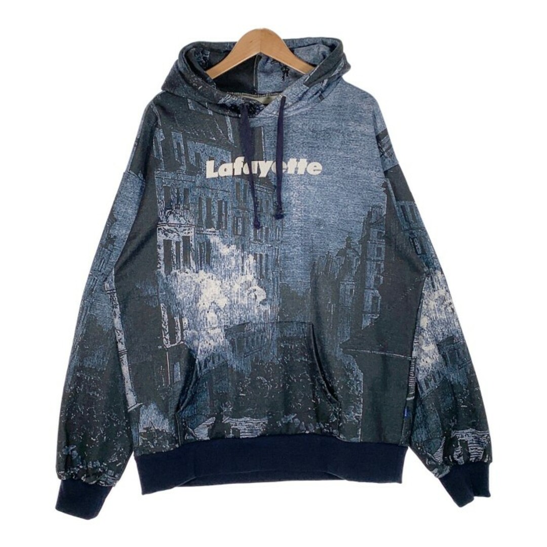 トップスLafayette ラファイエット LFYT ロゴ刺繡 総柄 プルオーバースウェットパーカー ネイビー LA200509 Size XL