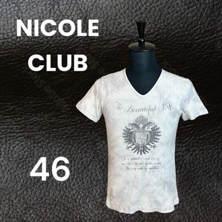 ニコルクラブフォーメン(NICOLE CLUB FOR MEN)の美品✨【NICOLE CLUB】ＶネックリブTシャツ　プリント　綿　ホワイト　M(Tシャツ/カットソー(半袖/袖なし))