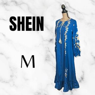 シェイナー(SHEINAR)の美品✨【SHEIN】フレアロングワンピース　リボン　薄手　さらさら　ブルー　M(ロングワンピース/マキシワンピース)