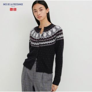 ユニクロ(UNIQLO)のユニクロ　イネス　コラボ　ジャガードクルーネックカーディガン　ブラック　M 新品(カーディガン)