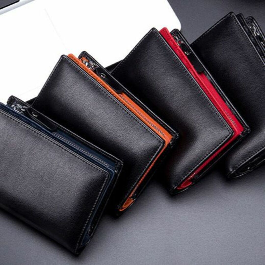 メンズ　レッド　牛分割革　二つ折り財布　折り畳み財布　スキミング防止　RFID メンズのファッション小物(折り財布)の商品写真