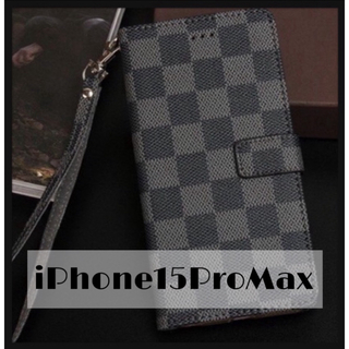チェック柄 手帳型 iPhoneケース iPhone15ProMax ブラック(iPhoneケース)