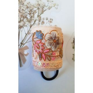 ヘアゴム インド刺繍 花柄 ピンク(ヘアアクセサリー)