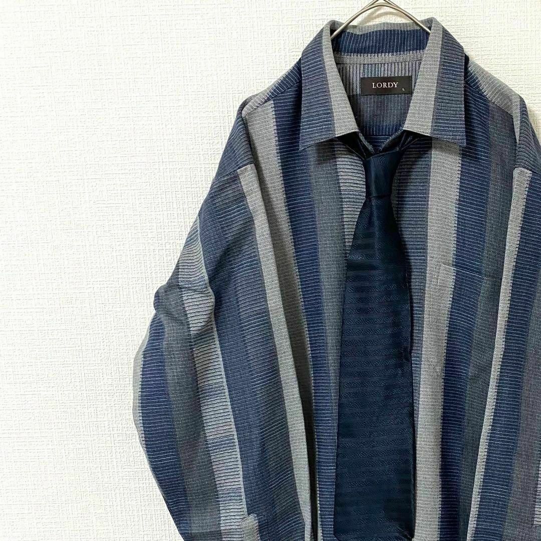 natuRAL vintage(ナチュラルヴィンテージ)のネクタイシャツ 長袖 ストライプ 太アーム ボーダー ウール 一点物 L メンズのトップス(シャツ)の商品写真