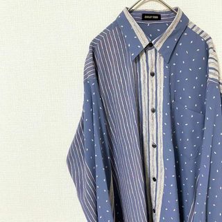 ナチュラルヴィンテージ(natuRAL vintage)の柄シャツ 長袖 アート ストライプ 総柄 太アーム L くすみブルー(シャツ)