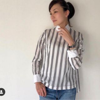 【最終価格】シンメ SINME ハイネックストライプシャツ レディース M(シャツ/ブラウス(長袖/七分))