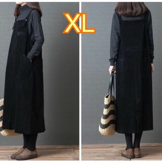 【XL】ジャンパースカート　コーデュロイ　サロペット　体型カバー　ブラック(サロペット/オーバーオール)