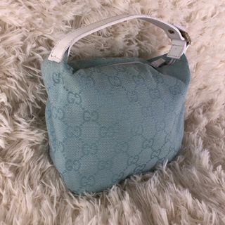 グッチ(Gucci)の【希少】GUCCI アクセサリーポーチ　シマ　GG  ブルー　持ち手レザー(ポーチ)