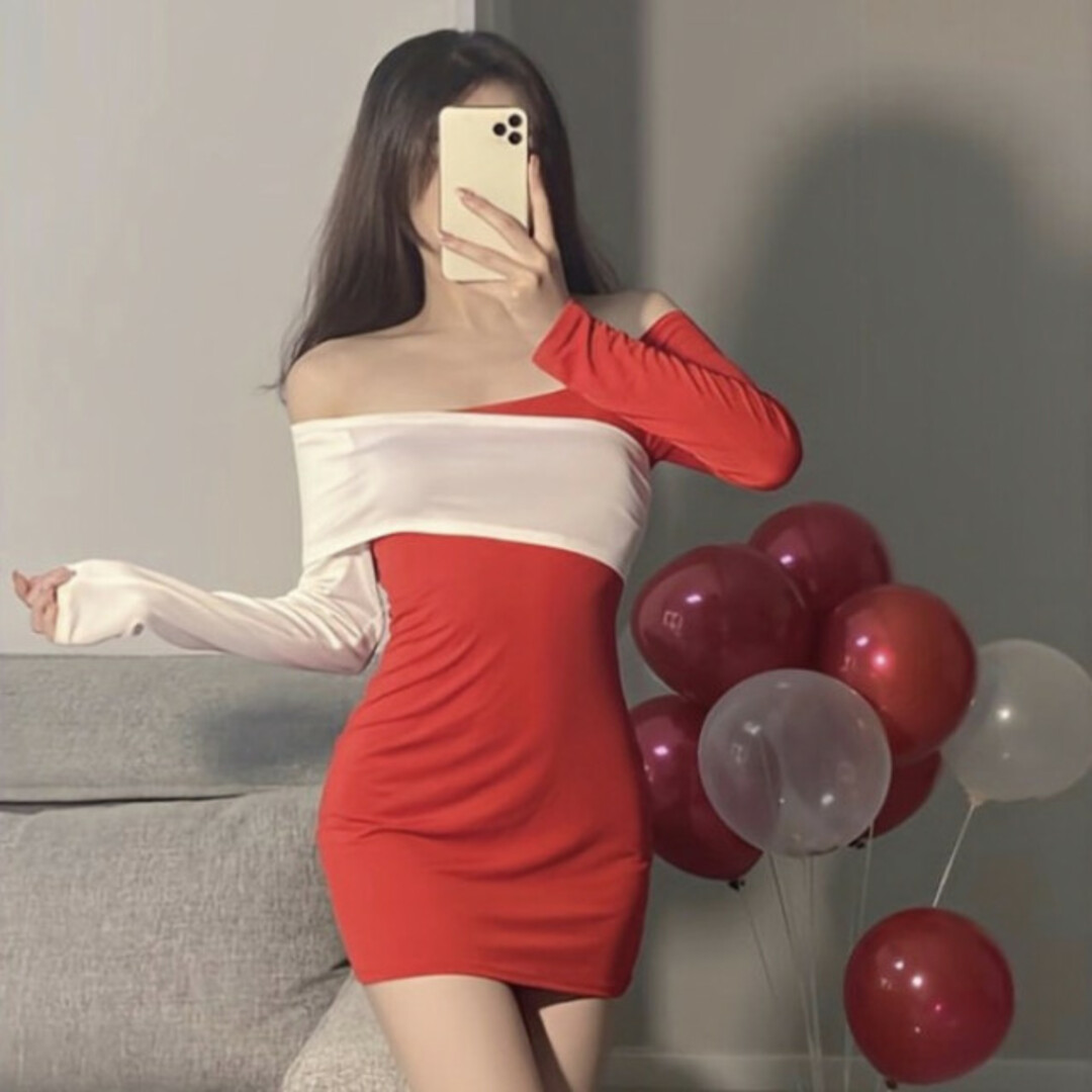 オフショル バイカラーワンピース 可愛い 最安値 ミニスカート 袖あり 赤 白 レディースのワンピース(ミニワンピース)の商品写真