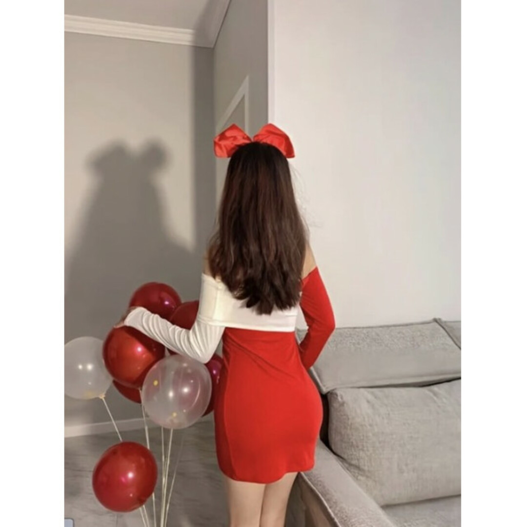 オフショル バイカラーワンピース 可愛い 最安値 ミニスカート 袖あり 赤 白 レディースのワンピース(ミニワンピース)の商品写真
