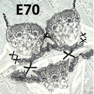 E70　ブラ&ショーツ　セット　ブラジャー　ショーツ　ブラショー　花　ホワイト(ブラ&ショーツセット)