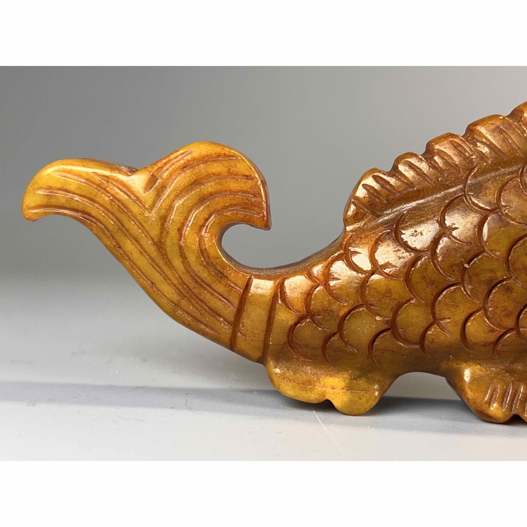 古美術 古玉 鶏油黄 大型 魚紋 置物 根付 収集品 美品 両面彫り 細工彫
