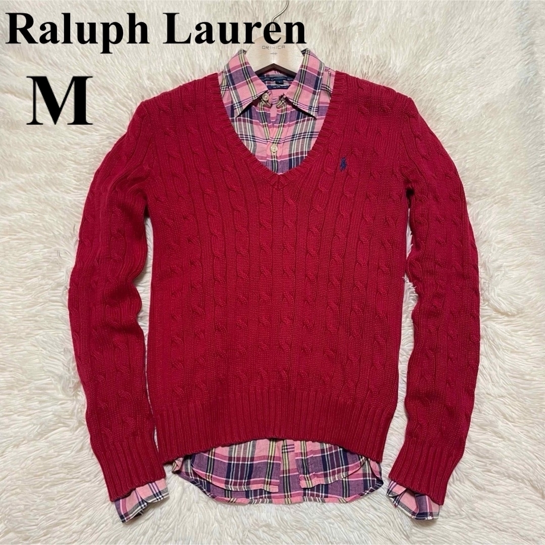 Ralph Lauren(ラルフローレン)のラルフローレン　Vネック　ケーブル編み　コットン　ニット　セーター　赤　Mサイズ レディースのトップス(ニット/セーター)の商品写真