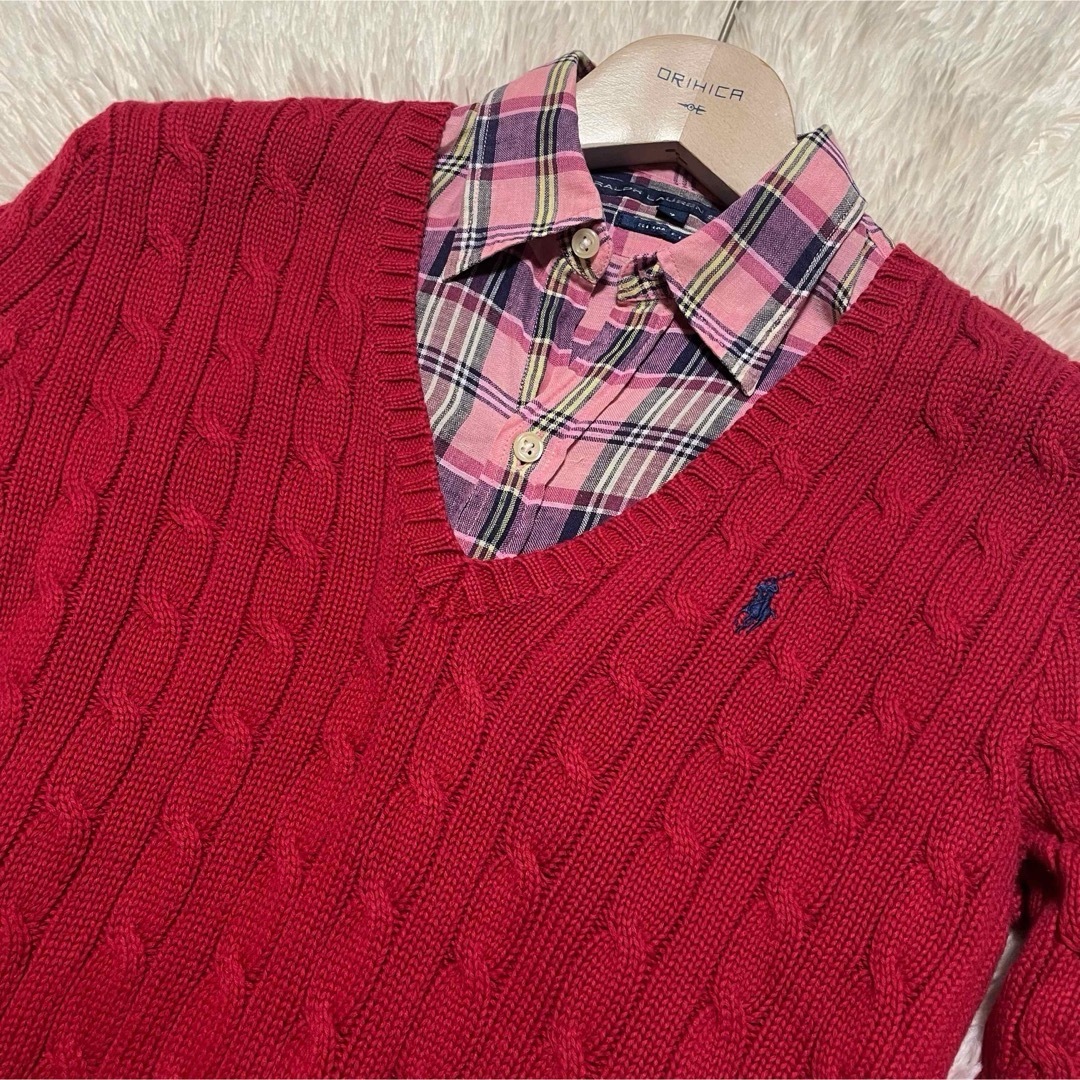 Ralph Lauren(ラルフローレン)のラルフローレン　Vネック　ケーブル編み　コットン　ニット　セーター　赤　Mサイズ レディースのトップス(ニット/セーター)の商品写真