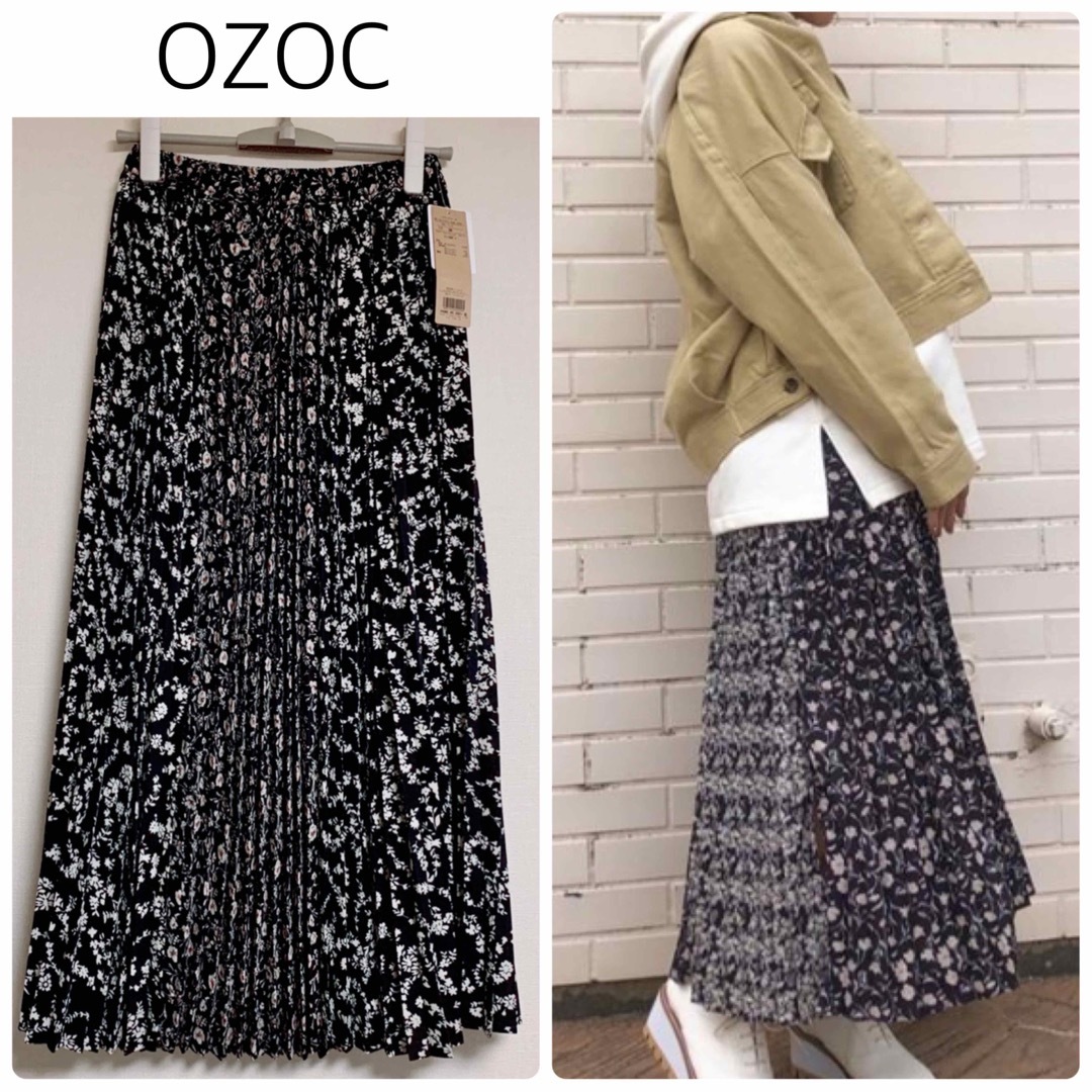 OZOC(オゾック)の【新品タグ付】OZOC花柄プリーツスカート　黒　ロングスカート　Mサイズ レディースのスカート(ロングスカート)の商品写真