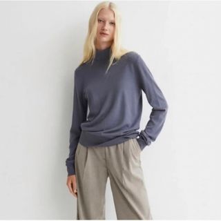 H&M ファインニット タートルネックセーター ダークブルーグレー S