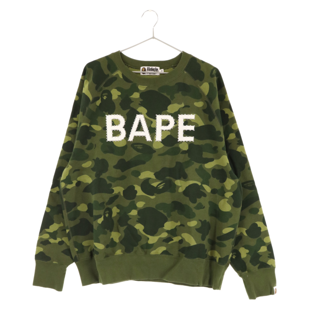 A BATHING APE(アベイシングエイプ)のA BATHING APE アベイシングエイプ CAMO CRYSTAL STONE RELAXED FIT CREWNECK カモ柄 クリスタルストーン付フロントロゴ クルーネック スウェットトレーナー グリーン メンズのトップス(スウェット)の商品写真