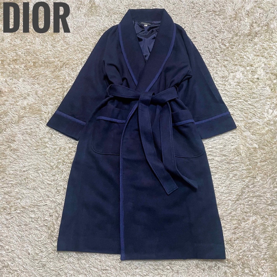 Christian Dior カシミヤブレンド ガウンコート ベルト 紺 Mウール100%裏地