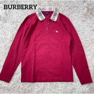 バーバリー(BURBERRY)の美品✨️BURBERRY LONDON　バーバリーチェック襟　ポロシャツ　赤　M(ポロシャツ)