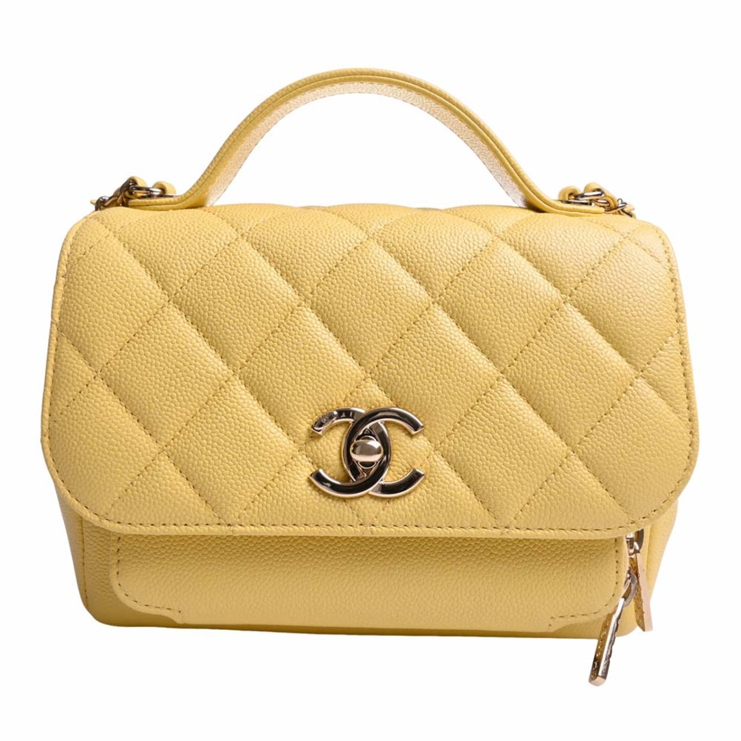 CHANEL シャネル キャビアスキン マトラッセ ココマーク トップハンドル 2WAY チェーン ショルダーバッグ - イエロー byレディース