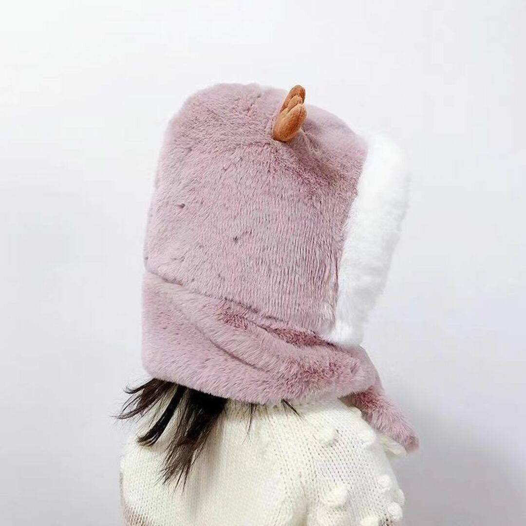 子供用　モコモコ帽子　マフラー　フード付き　トナカイ　防寒　スキー　ベージュ キッズ/ベビー/マタニティのこども用ファッション小物(帽子)の商品写真