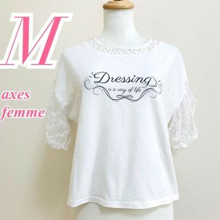 アクシーズファム(axes femme)のaxes femme　アクシーズファム　半袖カットソー 　プリント　 レース(カットソー(半袖/袖なし))