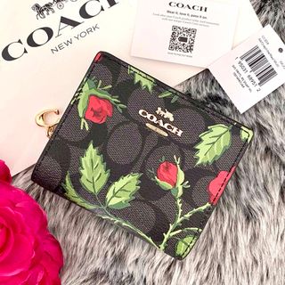 コーチ(COACH)の新品☆COACH 折り財布　ブラック 花柄 シグネチャー レザー 折り財布(財布)