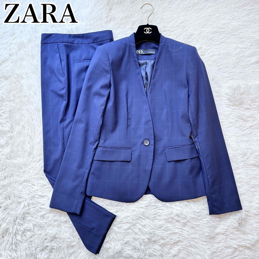 ZARA パンツスーツ ビジネススーツ ノーカラー ネイビー 紺 チェック