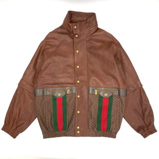 グッチ(Gucci)の【在庫一掃】GUCCI グッチ ジャケット レザージャケット ブルゾン アウター GG シェリーライン フード付き アパレル 服 48 624737 ブラウン 茶 ゴールド金具 本革  ポリエステル  コットン  メンズ 人気 秋 冬【中古品】(その他)