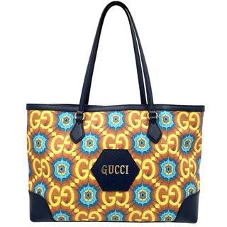 グッチ(Gucci)のGUCCI グッチ トートバッグ GGカレイドスコープ ハンドバッグ 100周年記念限定 肩掛け 676681 レザー  GGカレイドスコーププリントスプリーム   イエロー ネイビー 紺 ゴールド金具 レディース 人気【中古品】(トートバッグ)