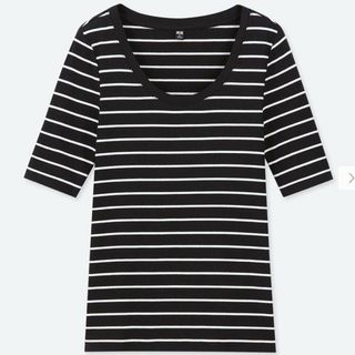 ユニクロ(UNIQLO)のリブボーダー　Uネック　Tシャツ　ユニクロ(Tシャツ/カットソー(半袖/袖なし))