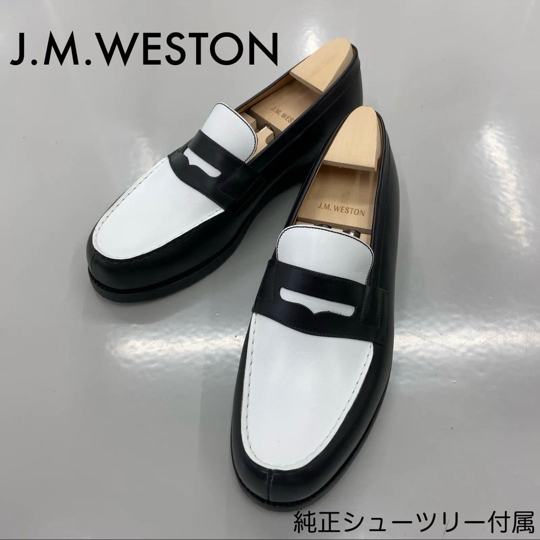 95ワイズ【J.M.WESTON ジェイエムウエストン】【AVRIL バイカラーローファー 180 6D ホワイト ブラック 純正シューツリー付き 美品】