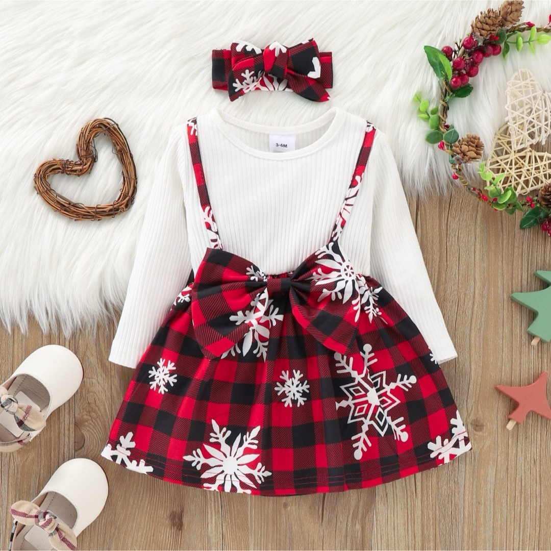 大人気　ワンピース　90 クリスマス　ターバン付き赤チェック　かわいいXmas キッズ/ベビー/マタニティのキッズ服女の子用(90cm~)(ワンピース)の商品写真