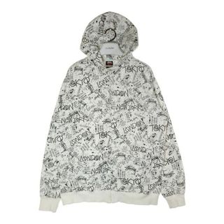 ステューシー(STUSSY)の★STUSSY ステューシー ロゴ総柄 ジップアップパーカー ホワイト sizeXL(パーカー)