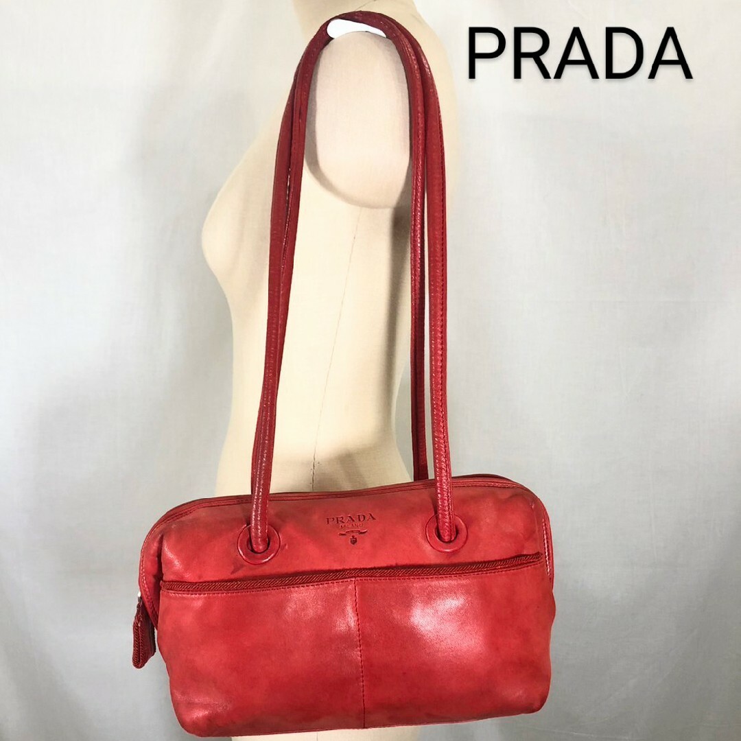 PRADA プラダ ボストンバック オールレザー レッドレディース