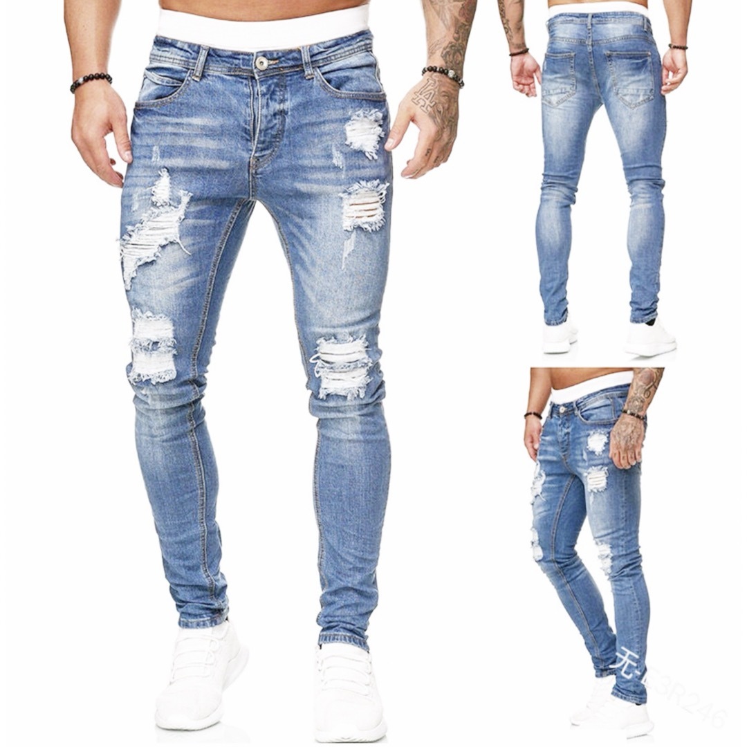 ダメージジーンズ スキニー スリム ストリート カジュアル メンズ デニム ひげ メンズのパンツ(デニム/ジーンズ)の商品写真