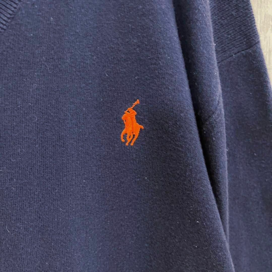 POLO RALPH LAUREN(ポロラルフローレン)のUS古着ポロラルフローレン刺繍ロゴVネックピマコットンニットセーターLネイビー. メンズのトップス(ニット/セーター)の商品写真