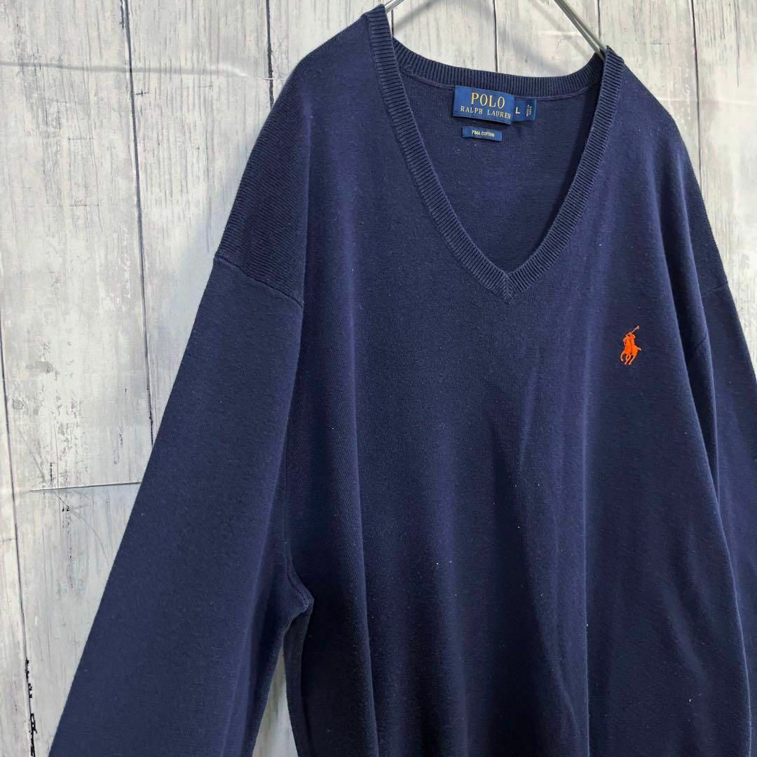 POLO RALPH LAUREN(ポロラルフローレン)のUS古着ポロラルフローレン刺繍ロゴVネックピマコットンニットセーターLネイビー. メンズのトップス(ニット/セーター)の商品写真