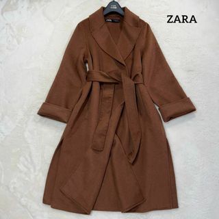 ザラ(ZARA)のザラ ガウンコート ベルテッド ベルト S ロング ブラウン ウール(ロングコート)