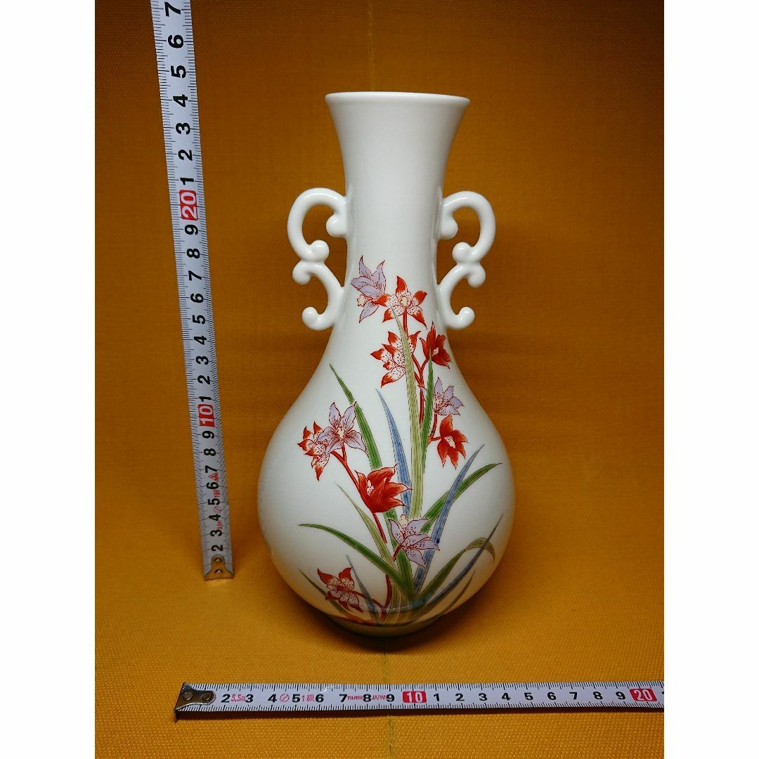 花瓶　花器　蘭絵　双耳　オブジェ　置物　インテリア　工芸品　美術品　A3342家具・インテリア