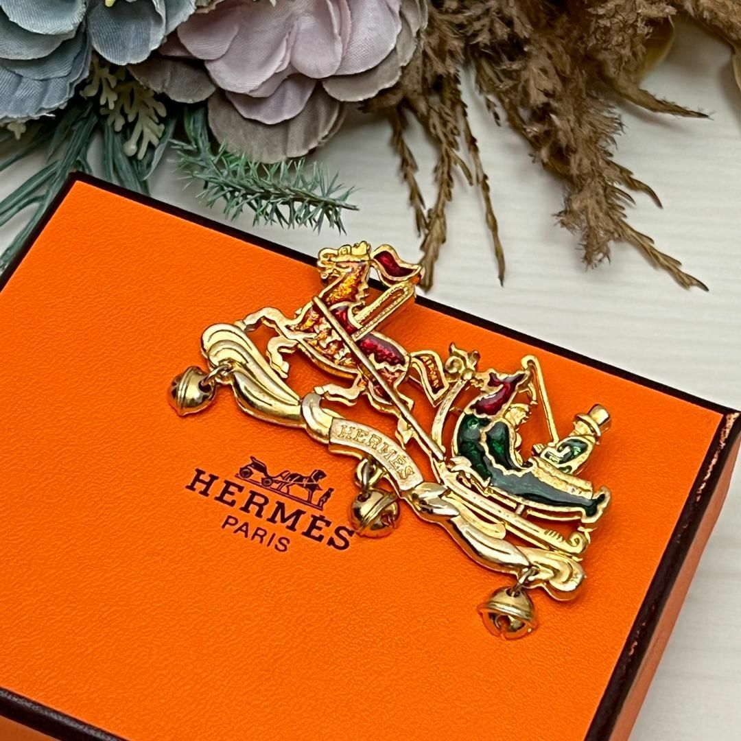 HERMES エルメス クリスマス ヴィンテージ 七宝焼き ゴールド ブローチ約68cm高さ