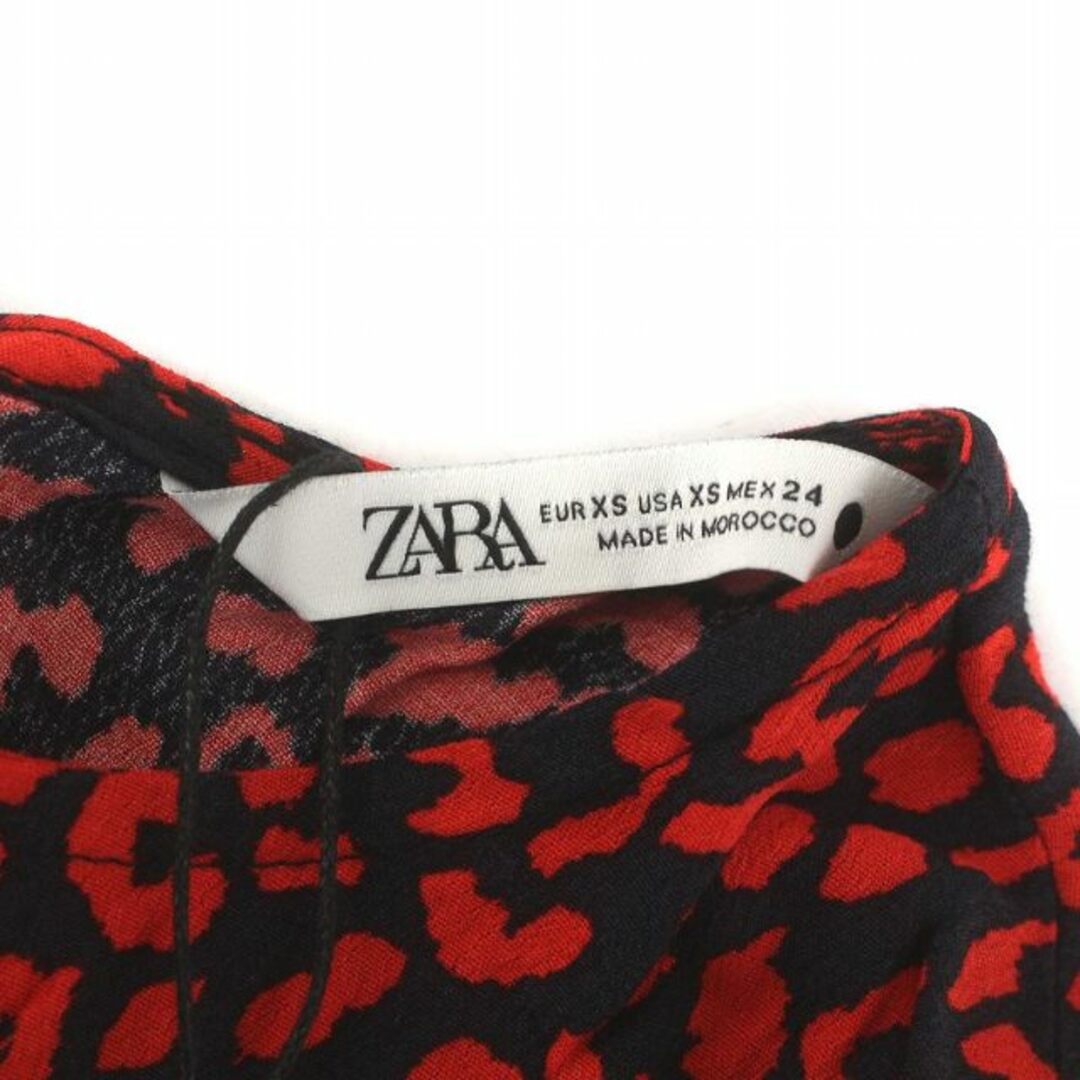 ZARA(ザラ)のザラ ワンピース ギャザー 長袖 ヒョウ柄 レオパード 七分袖 XS 赤 黒 レディースのワンピース(ロングワンピース/マキシワンピース)の商品写真