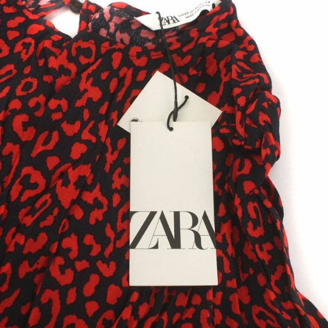 ZARA(ザラ)のザラ ワンピース ギャザー 長袖 ヒョウ柄 レオパード 七分袖 XS 赤 黒 レディースのワンピース(ロングワンピース/マキシワンピース)の商品写真