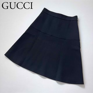 グッチ(Gucci)のGUCCI グッチ　フレアスカート　ブラック　シルク混　イタリア製　裾レザー(ひざ丈スカート)