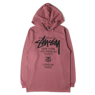 ステューシー(STUSSY)の新品同様 STUSSY ステューシー サイズ:M ワールドツアーロゴ フード付き ロングスリーブ Tシャツ パーカー バーガンディー系 トップス カットソー フーディー【メンズ】【中古】(Tシャツ/カットソー(七分/長袖))